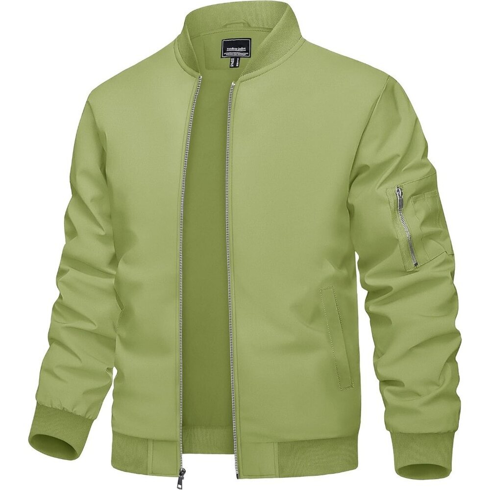 Men's 01 Olive Green Bomber Jacket Coat Lightweight Windbreaker Zip Up Pocket